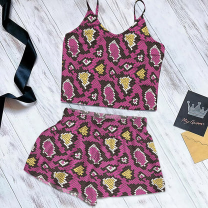 Snake Purple Skin Cami Pajama Set For Women | Pyjamas Short Set | Short PJS Set | Women Tank Top and Shorts Sleepwear Set