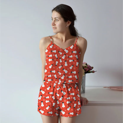 Snowman On Red Background Cami Pajama Set For Women | Pyjamas Short Set | Short PJS Set | Women Tank Top and Shorts Sleepwear Set