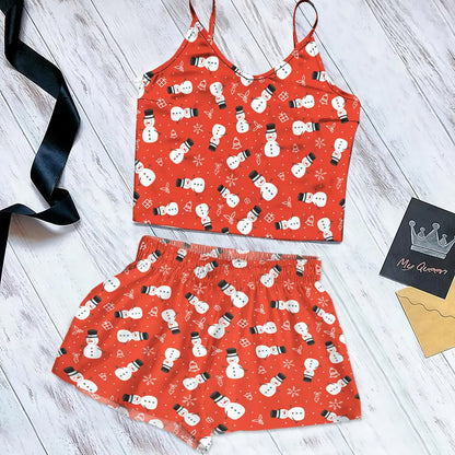 Snowman On Red Background Cami Pajama Set For Women | Pyjamas Short Set | Short PJS Set | Women Tank Top and Shorts Sleepwear Set