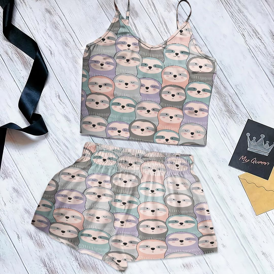 Sloth Cami Pajama Set For Women | Pyjamas Short Set | Short PJS Set | Women Tank Top and Shorts Sleepwear Set