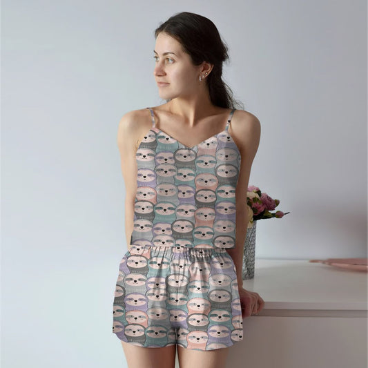 Sloth Cami Pajama Set For Women | Pyjamas Short Set | Short PJS Set | Women Tank Top and Shorts Sleepwear Set