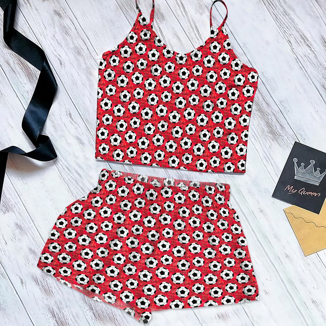 Soccer Goal Cami Pajama Set For Women | Pyjamas Short Set | Short PJS Set | Women Tank Top and Shorts Sleepwear Set
