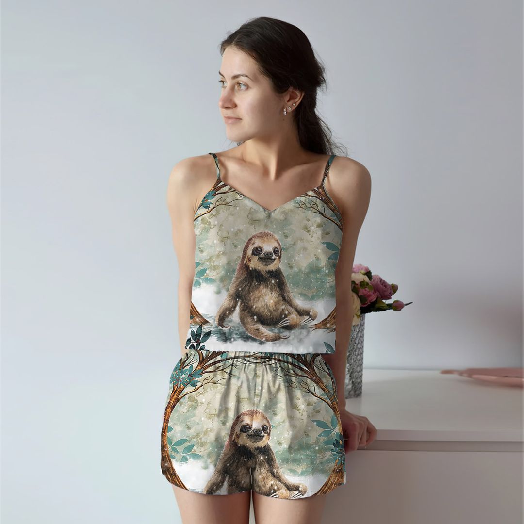 Sloth Circle Snow Trees Cami Pajama Set For Women | Pyjamas Short Set | Short PJS Set | Women Tank Top and Shorts Sleepwear Set