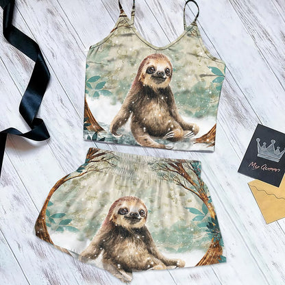 Sloth Circle Snow Trees Cami Pajama Set For Women | Pyjamas Short Set | Short PJS Set | Women Tank Top and Shorts Sleepwear Set