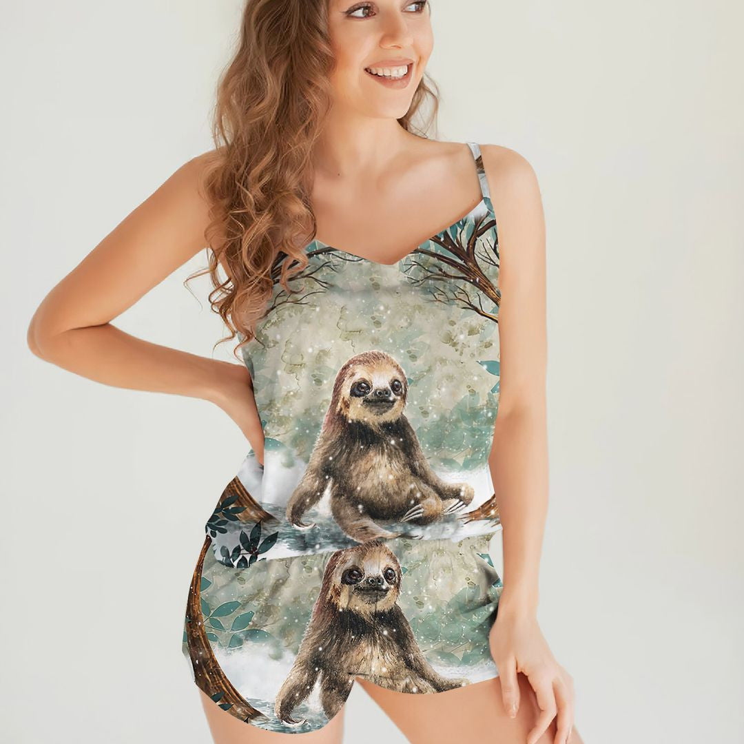 Sloth Circle Snow Trees Cami Pajama Set For Women | Pyjamas Short Set | Short PJS Set | Women Tank Top and Shorts Sleepwear Set
