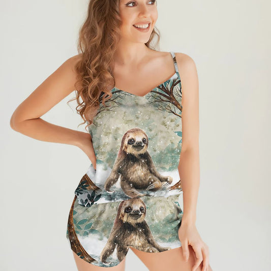 Sloth Circle Snow Trees Cami Pajama Set For Women | Pyjamas Short Set | Short PJS Set | Women Tank Top and Shorts Sleepwear Set