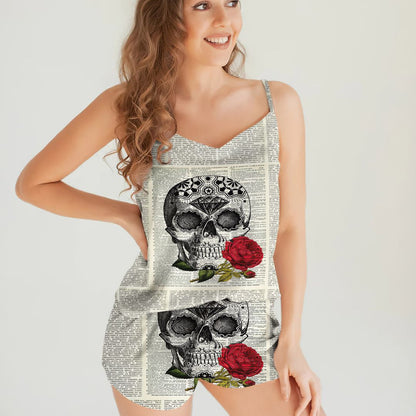 Skull Rose Beige Good Cami Pajama Set For Women | Pyjamas Short Set | Short PJS Set | Women Tank Top and Shorts Sleepwear Set