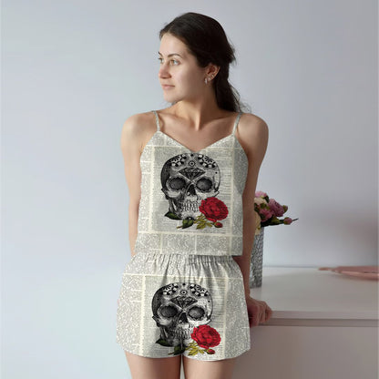 Skull Rose Beige Good Cami Pajama Set For Women | Pyjamas Short Set | Short PJS Set | Women Tank Top and Shorts Sleepwear Set