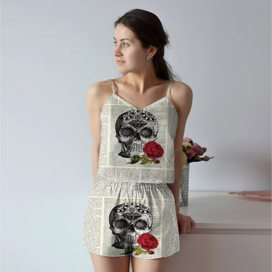 Skull Rose Beige Good Cami Pajama Set For Women | Pyjamas Short Set | Short PJS Set | Women Tank Top and Shorts Sleepwear Set
