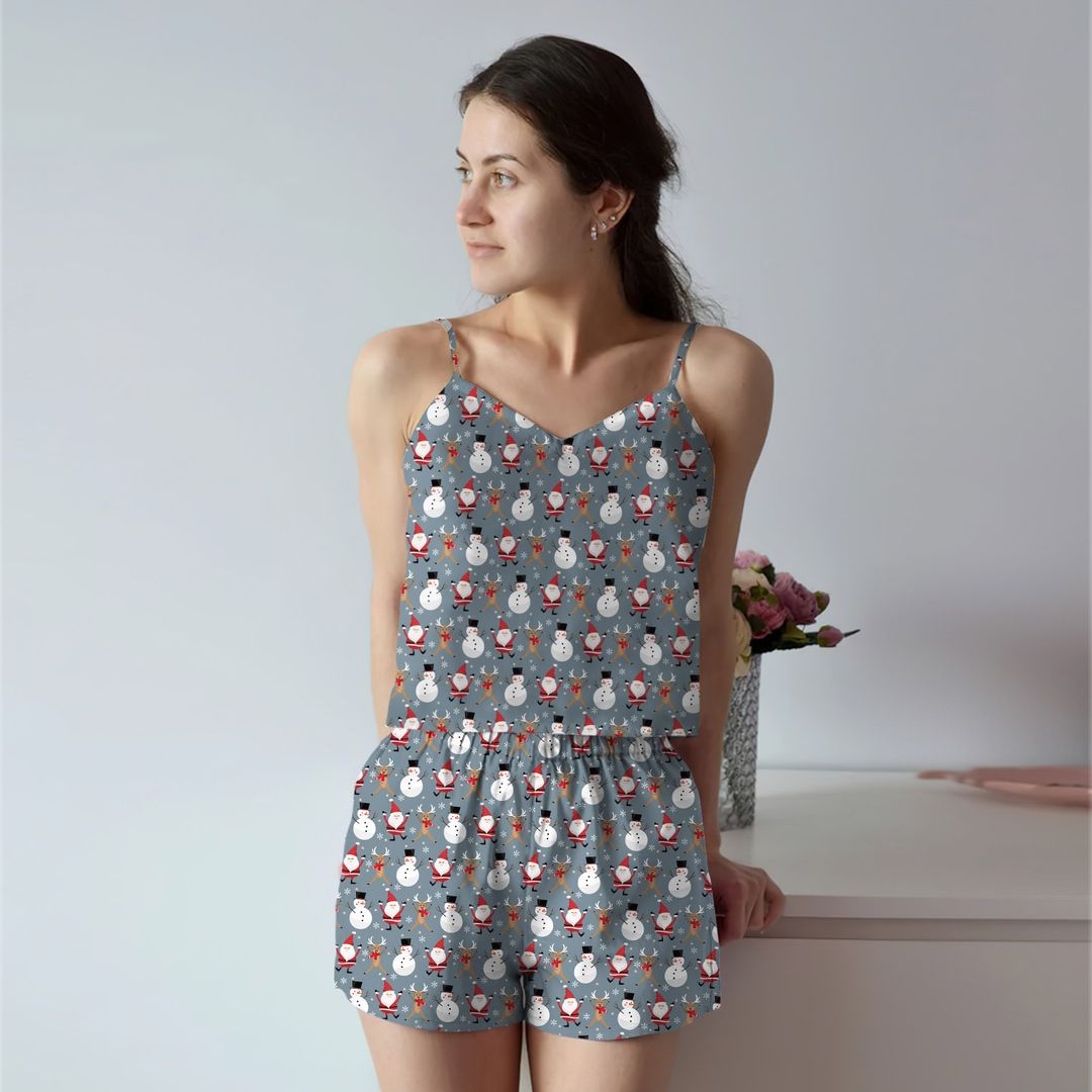Snowman And Friends Cami Pajama Set For Women | Pyjamas Short Set | Short PJS Set | Women Tank Top and Shorts Sleepwear Set