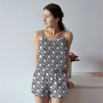 Snowman And Friends Cami Pajama Set For Women | Pyjamas Short Set | Short PJS Set | Women Tank Top and Shorts Sleepwear Set