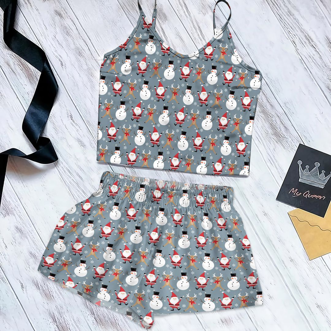 Snowman And Friends Cami Pajama Set For Women | Pyjamas Short Set | Short PJS Set | Women Tank Top and Shorts Sleepwear Set