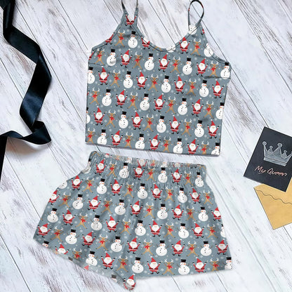 Snowman And Friends Cami Pajama Set For Women | Pyjamas Short Set | Short PJS Set | Women Tank Top and Shorts Sleepwear Set