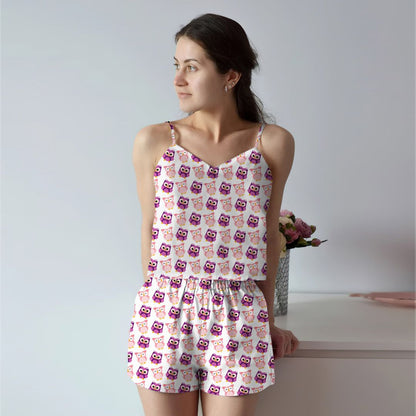 Smiling Pinky Owl And Violet Blink Eyes Owl Cami Pajama Set For Women | Pyjamas Short Set | Short PJS Set | Women Tank Top and Shorts Sleepwear Set