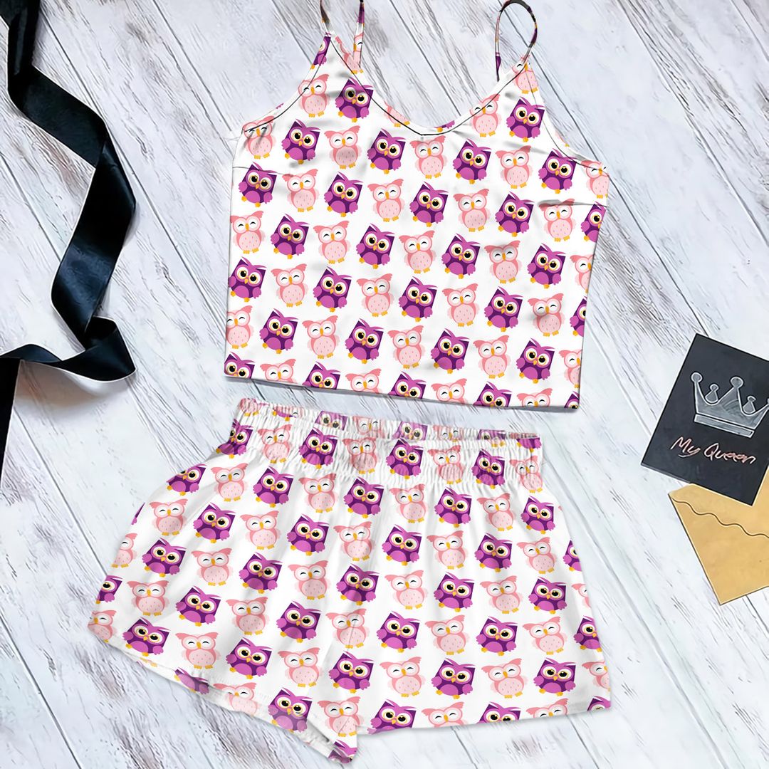 Smiling Pinky Owl And Violet Blink Eyes Owl Cami Pajama Set For Women | Pyjamas Short Set | Short PJS Set | Women Tank Top and Shorts Sleepwear Set