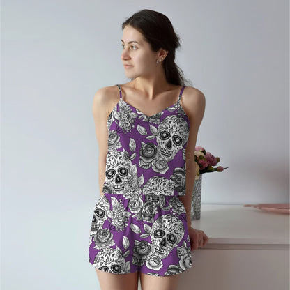 Skull Rose Cami Pajama Set For Women | Pyjamas Short Set | Short PJS Set | Women Tank Top and Shorts Sleepwear Set