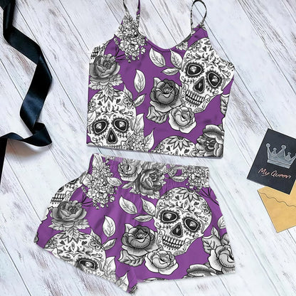 Skull Rose Cami Pajama Set For Women | Pyjamas Short Set | Short PJS Set | Women Tank Top and Shorts Sleepwear Set