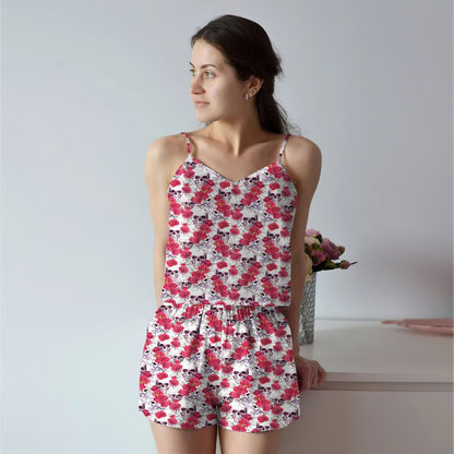 Skulls White Best Cami Pajama Set For Women | Pyjamas Short Set | Short PJS Set | Women Tank Top and Shorts Sleepwear Set