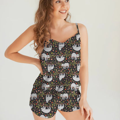 Sloth & Sleep Cami Pajama Set For Women | Pyjamas Short Set | Short PJS Set | Women Tank Top and Shorts Sleepwear Set