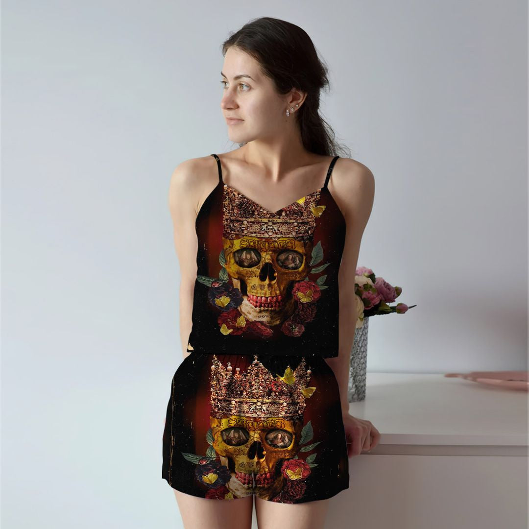 Skull King Stainless Steel Cami Pajama Set For Women | Pyjamas Short Set | Short PJS Set | Women Tank Top and Shorts Sleepwear Set
