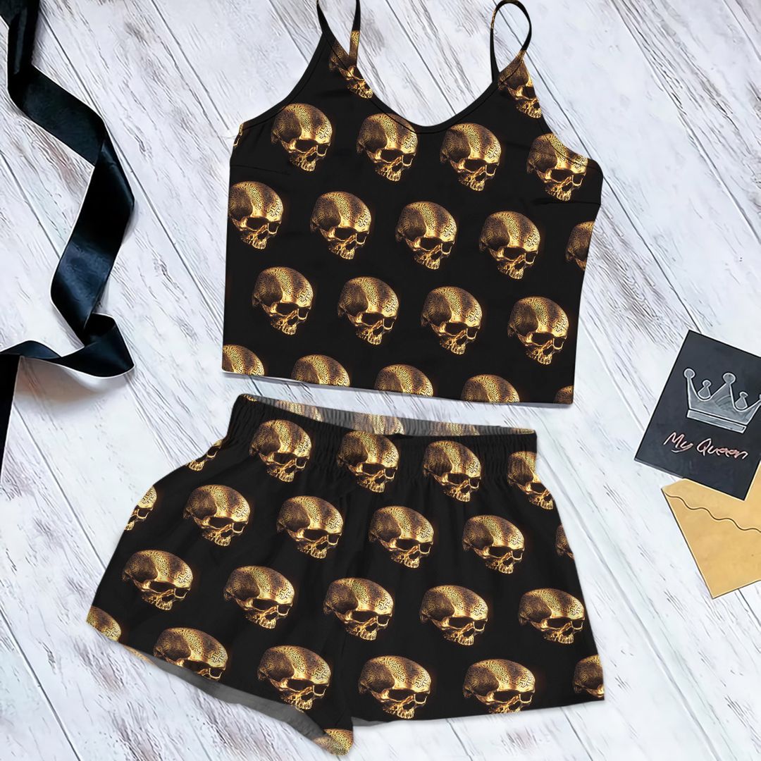 Skull Black And Gold Nice Cami Pajama Set For Women | Pyjamas Short Set | Short PJS Set | Women Tank Top and Shorts Sleepwear Set