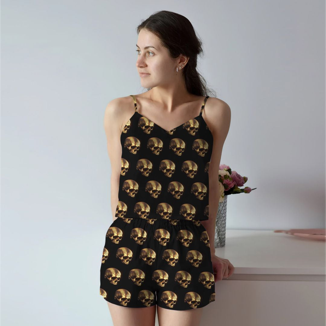 Skull Black And Gold Nice Cami Pajama Set For Women | Pyjamas Short Set | Short PJS Set | Women Tank Top and Shorts Sleepwear Set