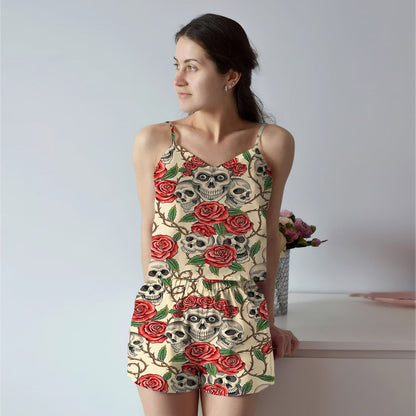 Skull And Rose Cami Pajama Set For Women | Pyjamas Short Set | Short PJS Set | Women Tank Top and Shorts Sleepwear Set