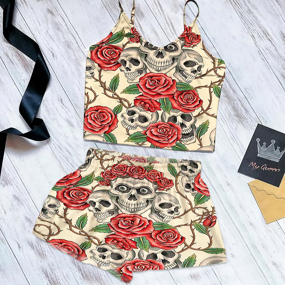 Skull And Rose Cami Pajama Set For Women | Pyjamas Short Set | Short PJS Set | Women Tank Top and Shorts Sleepwear Set