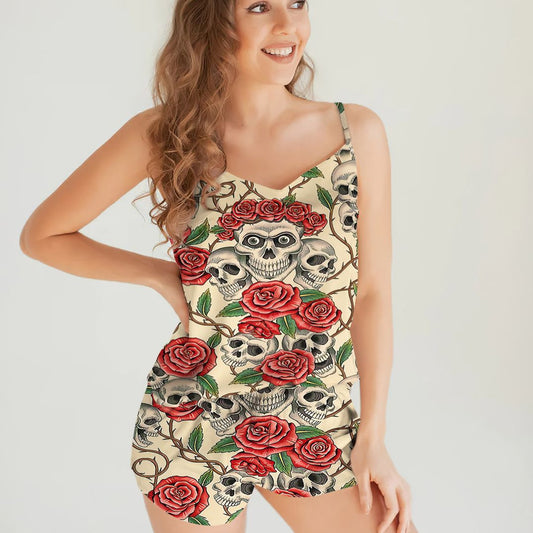 Skull And Rose Cami Pajama Set For Women | Pyjamas Short Set | Short PJS Set | Women Tank Top and Shorts Sleepwear Set