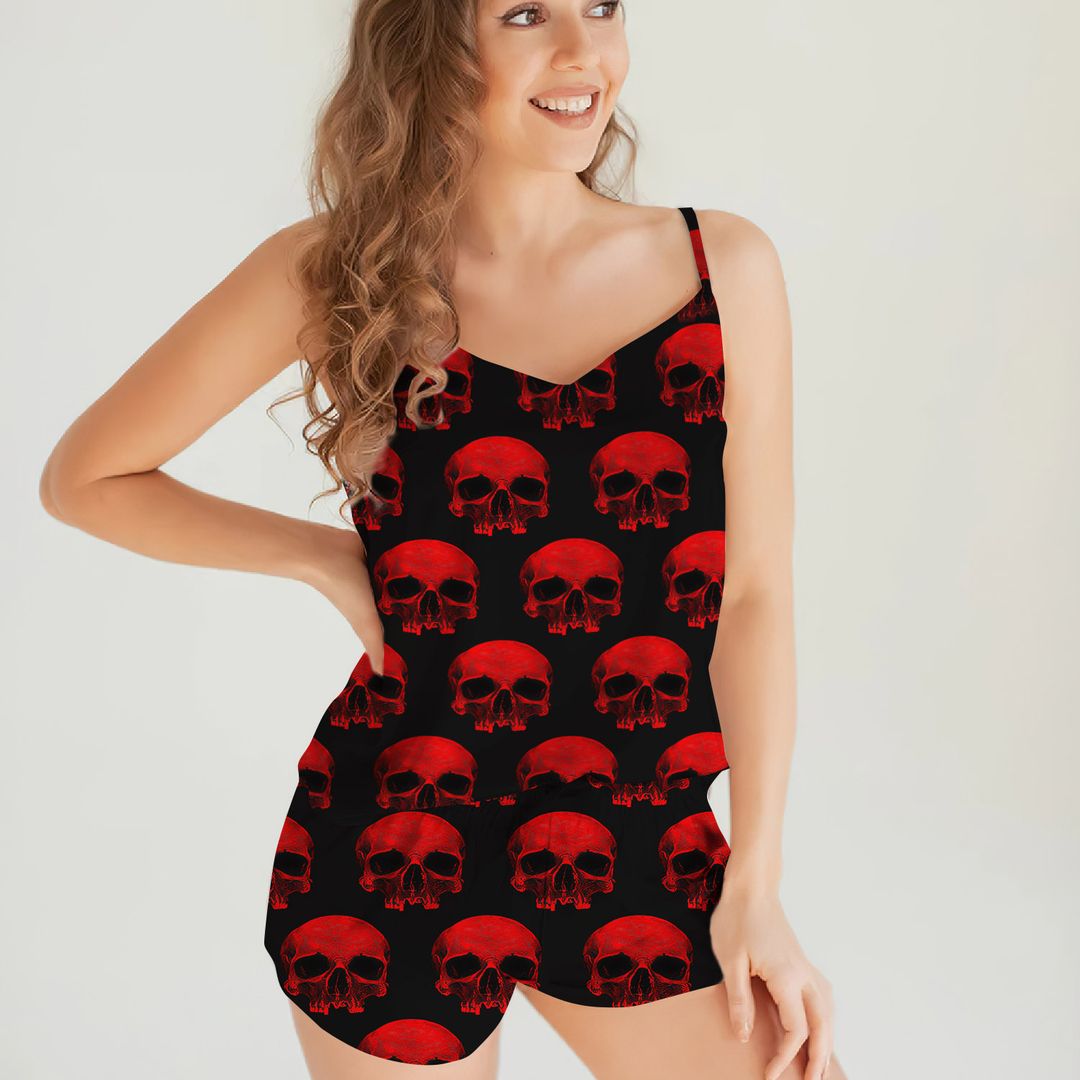 Skull Red Skull Cami Pajama Set For Women | Pyjamas Short Set | Short PJS Set | Women Tank Top and Shorts Sleepwear Set