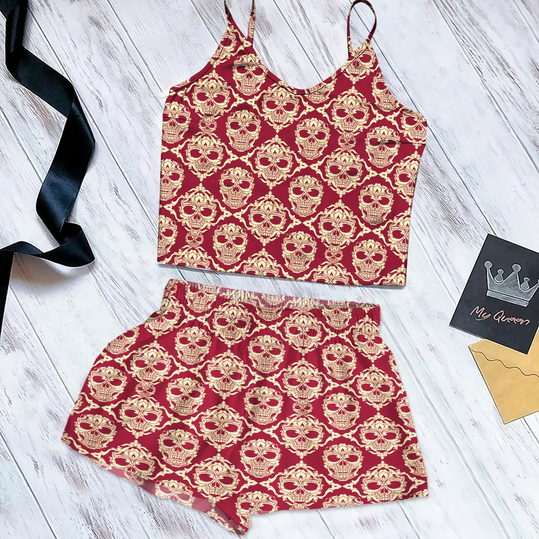 Skulls Cami Pajama Set For Women | Pyjamas Short Set | Short PJS Set | Women Tank Top and Shorts Sleepwear Set
