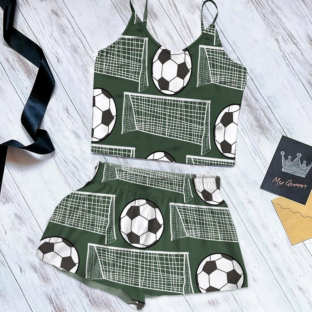 Soccer Pattern By Courtney Graben Cami Pajama Set For Women | Pyjamas Short Set | Short PJS Set | Women Tank Top and Shorts Sleepwear Set