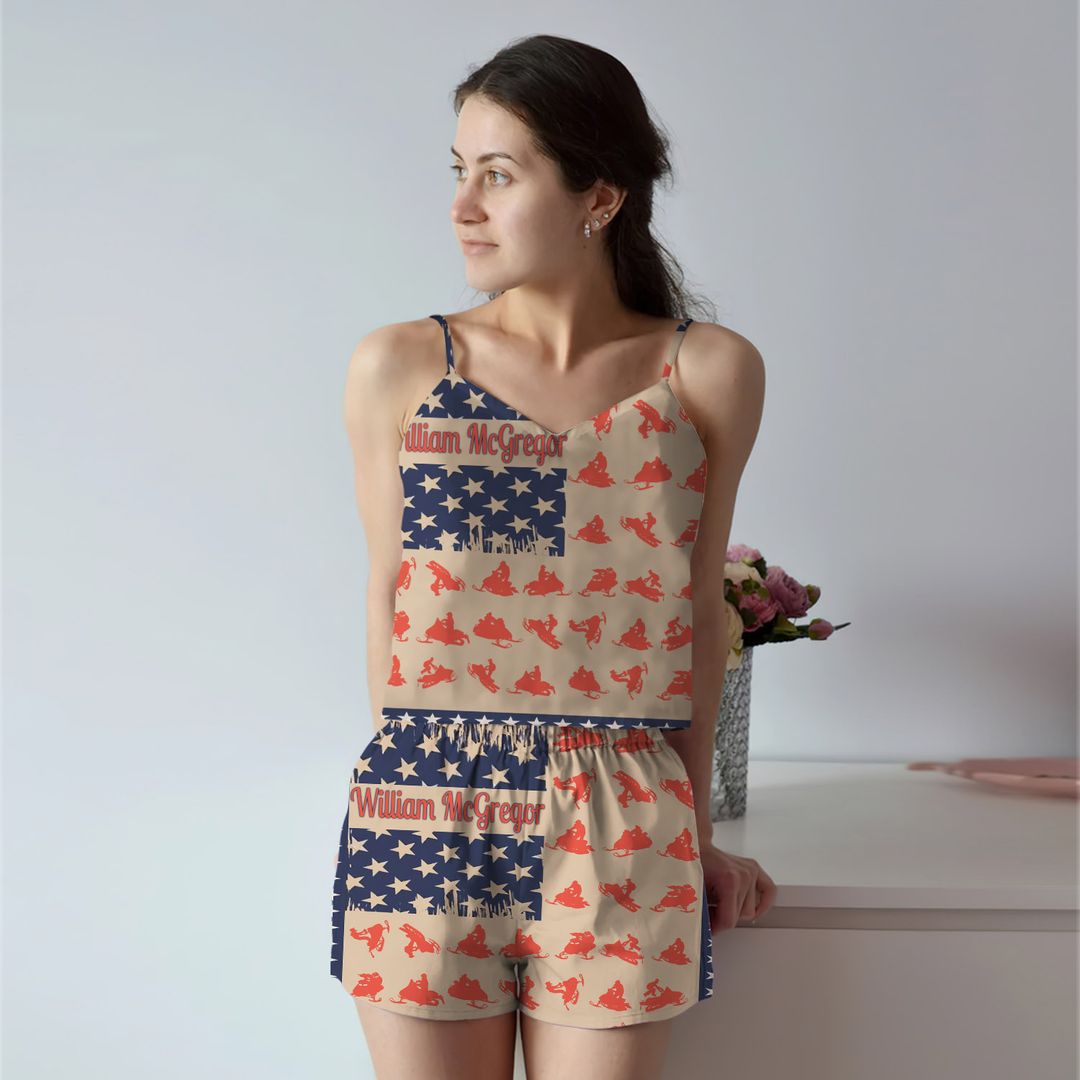 Snowmobile American Flag Cami Pajama Set For Women | Pyjamas Short Set | Short PJS Set | Women Tank Top and Shorts Sleepwear Set