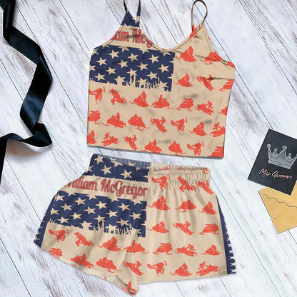 Snowmobile American Flag Cami Pajama Set For Women | Pyjamas Short Set | Short PJS Set | Women Tank Top and Shorts Sleepwear Set