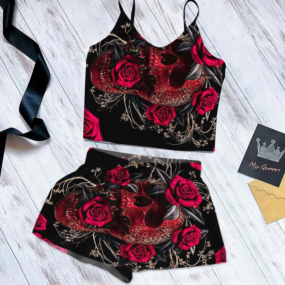 Skull Cami Pajama Set For Women | Pyjamas Short Set | Short PJS Set | Women Tank Top and Shorts Sleepwear Set