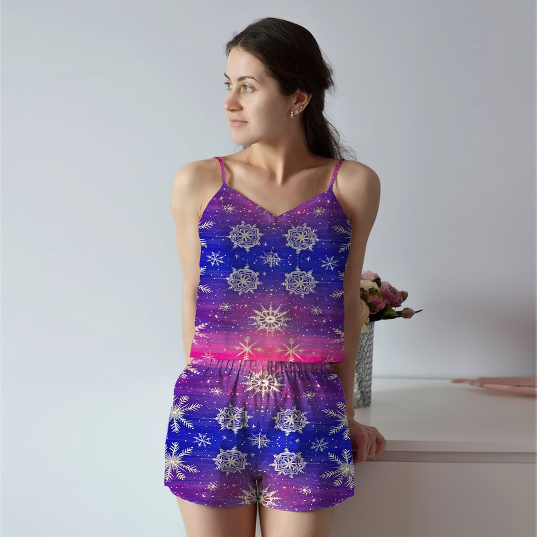 Snowflake Cami Pajama Set For Women | Pyjamas Short Set | Short PJS Set | Women Tank Top and Shorts Sleepwear Set