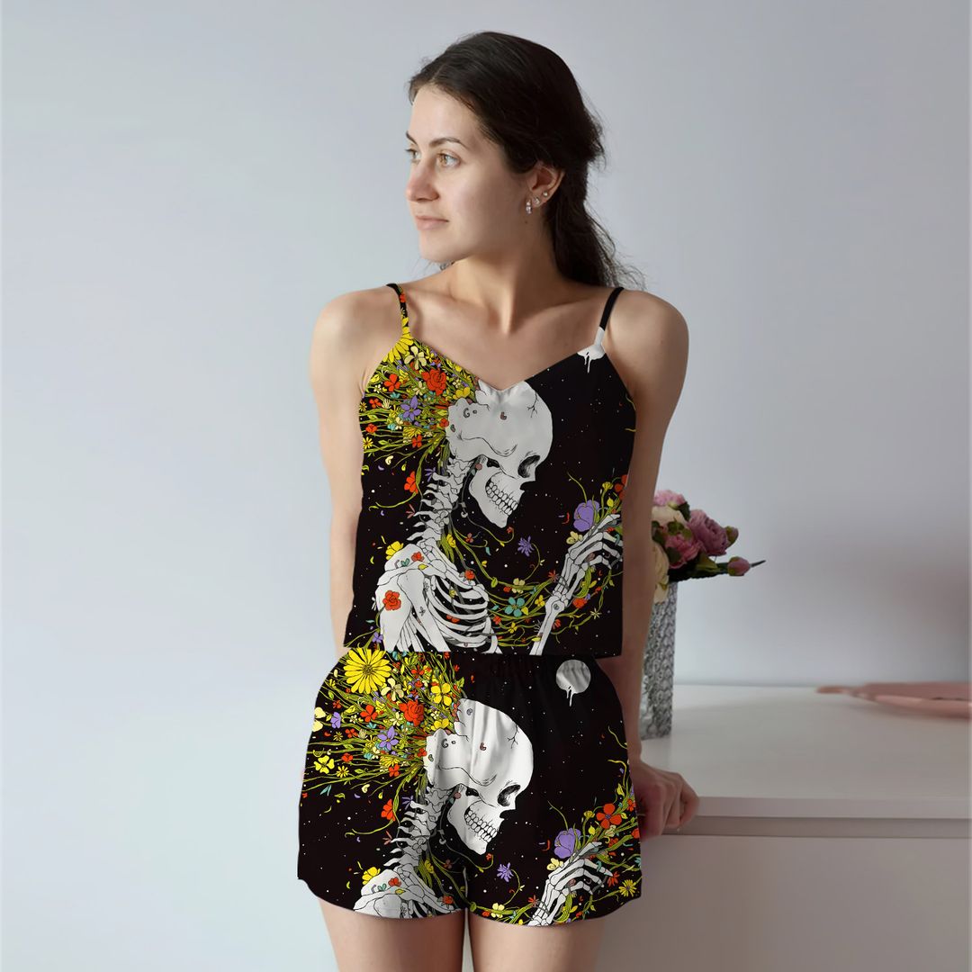 Skull Flower Cami Pajama Set For Women | Pyjamas Short Set | Short PJS Set | Women Tank Top and Shorts Sleepwear Set