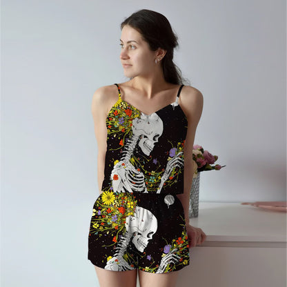 Skull Flower Cami Pajama Set For Women | Pyjamas Short Set | Short PJS Set | Women Tank Top and Shorts Sleepwear Set