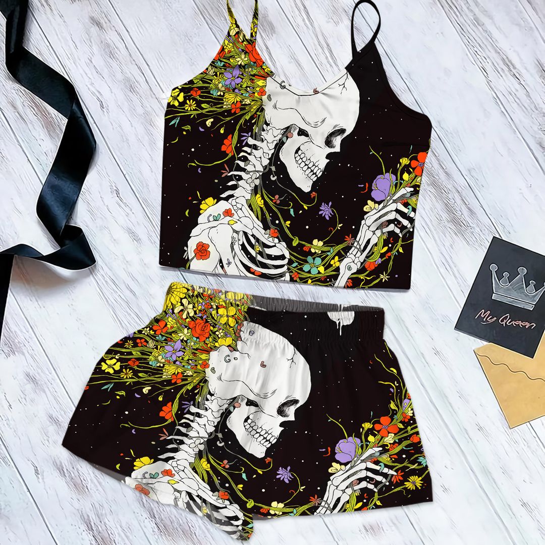 Skull Flower Cami Pajama Set For Women | Pyjamas Short Set | Short PJS Set | Women Tank Top and Shorts Sleepwear Set