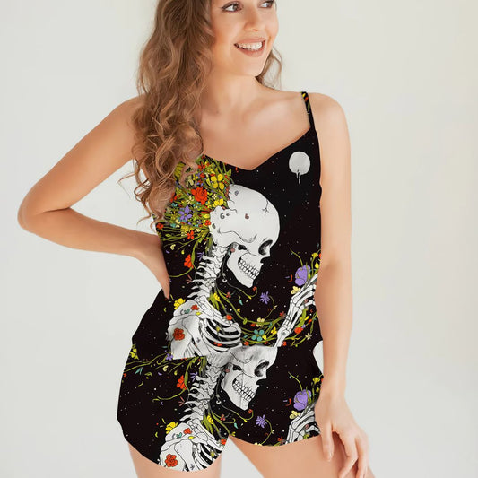 Skull Flower Cami Pajama Set For Women | Pyjamas Short Set | Short PJS Set | Women Tank Top and Shorts Sleepwear Set