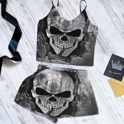 Skull Metal Cami Pajama Set For Women | Pyjamas Short Set | Short PJS Set | Women Tank Top and Shorts Sleepwear Set