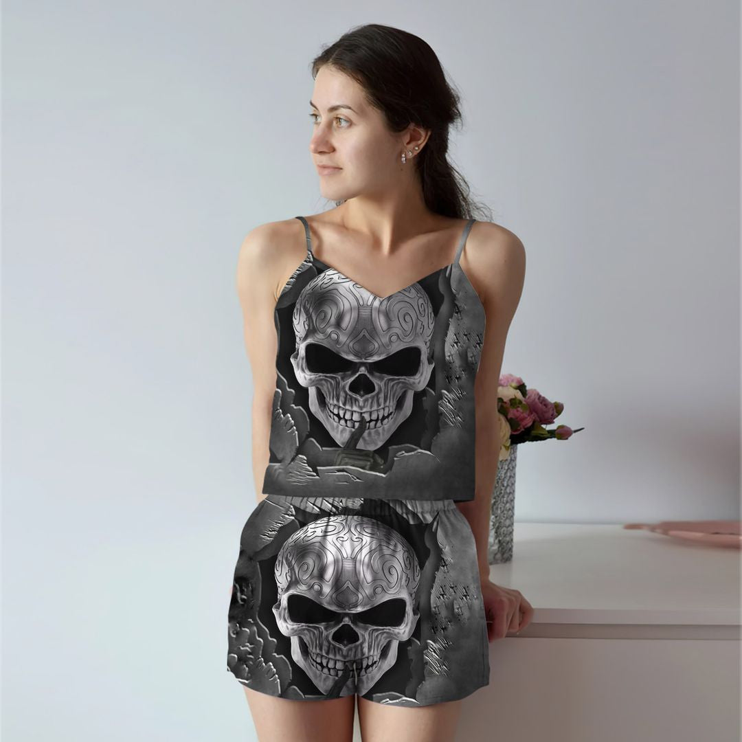 Skull Metal Cami Pajama Set For Women | Pyjamas Short Set | Short PJS Set | Women Tank Top and Shorts Sleepwear Set