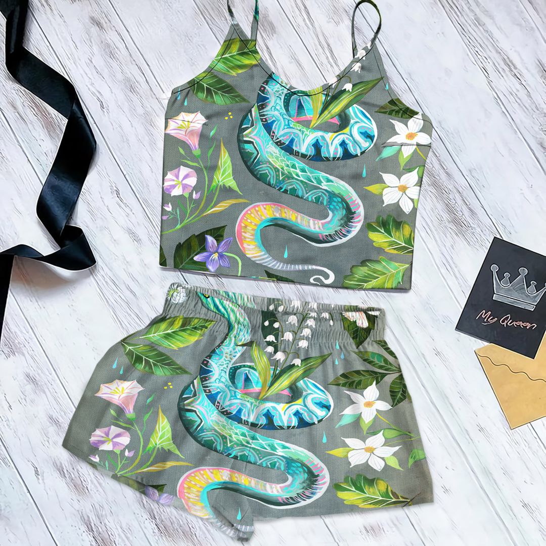 Snake Cami Pajama Set For Women | Pyjamas Short Set | Short PJS Set | Women Tank Top and Shorts Sleepwear Set