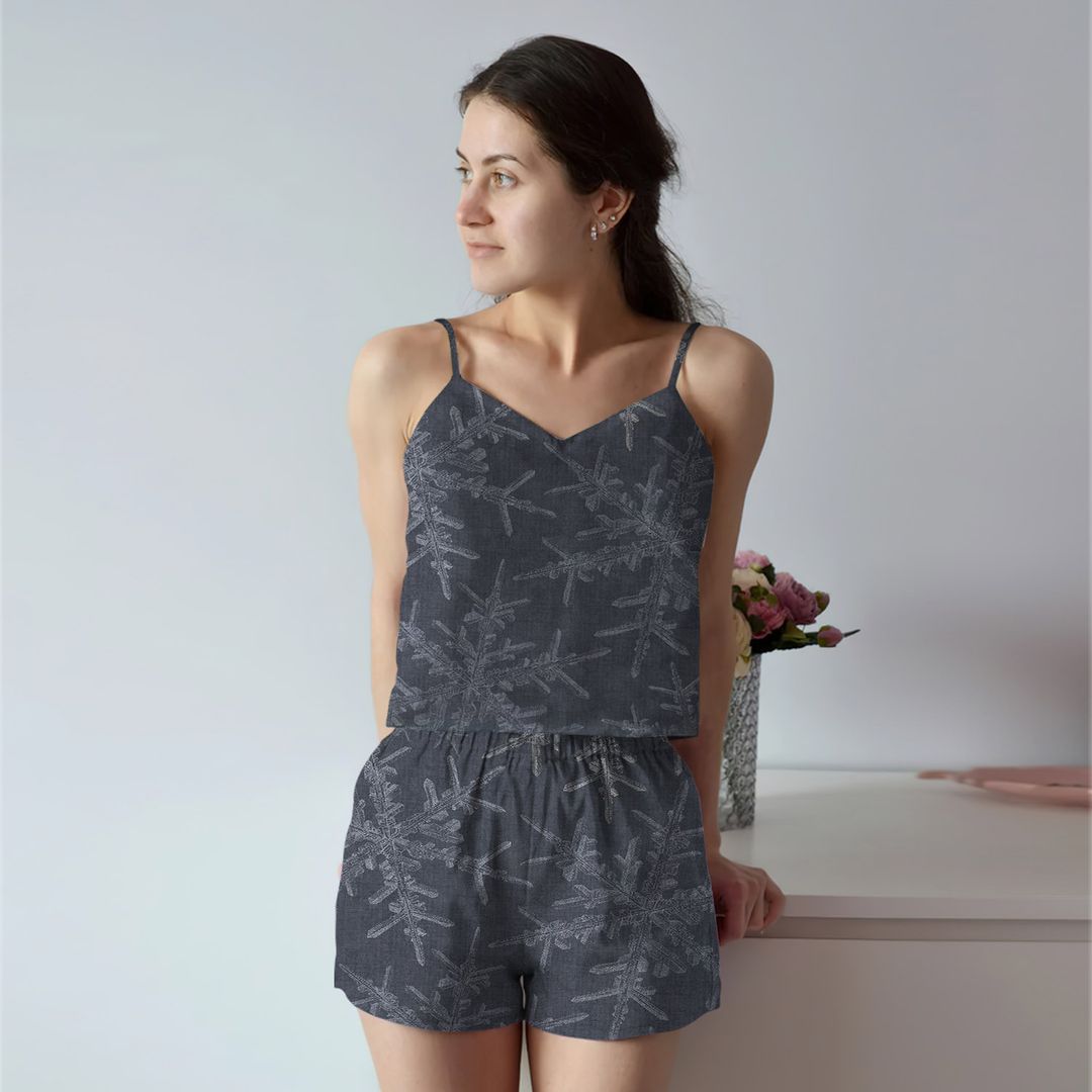 Snowflake Navy Cami Pajama Set For Women | Pyjamas Short Set | Short PJS Set | Women Tank Top and Shorts Sleepwear Set