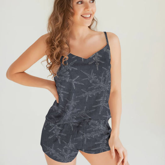 Snowflake Navy Cami Pajama Set For Women | Pyjamas Short Set | Short PJS Set | Women Tank Top and Shorts Sleepwear Set