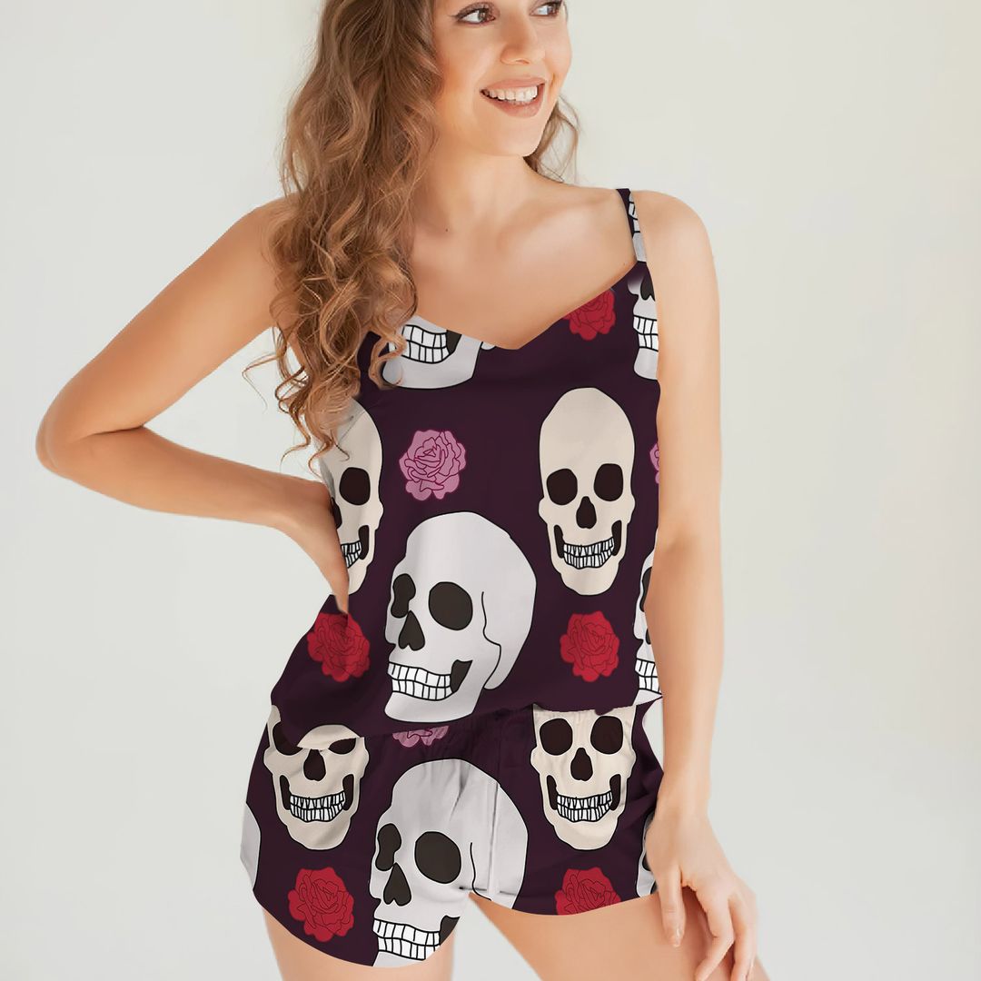 Skull And Roses Pattern By Courtney Graben Cami Pajama Set For Women | Pyjamas Short Set | Short PJS Set | Women Tank Top and Shorts Sleepwear Set