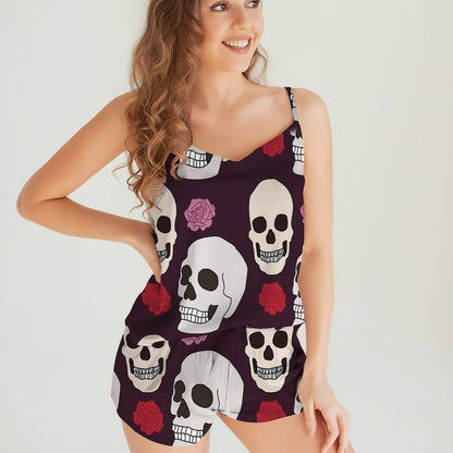 Skull And Roses Pattern By Courtney Graben Cami Pajama Set For Women | Pyjamas Short Set | Short PJS Set | Women Tank Top and Shorts Sleepwear Set