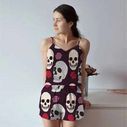 Skull And Roses Pattern By Courtney Graben Cami Pajama Set For Women | Pyjamas Short Set | Short PJS Set | Women Tank Top and Shorts Sleepwear Set