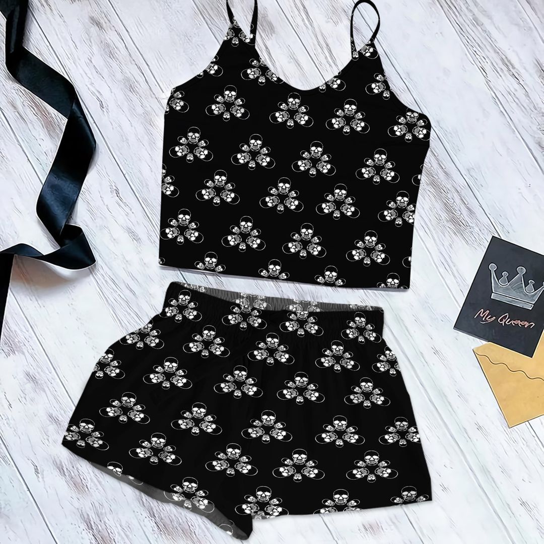 Skull Cami Pajama Set For Women | Pyjamas Short Set | Short PJS Set | Women Tank Top and Shorts Sleepwear Set