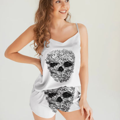 Skull White Cami Pajama Set For Women | Pyjamas Short Set | Short PJS Set | Women Tank Top and Shorts Sleepwear Set